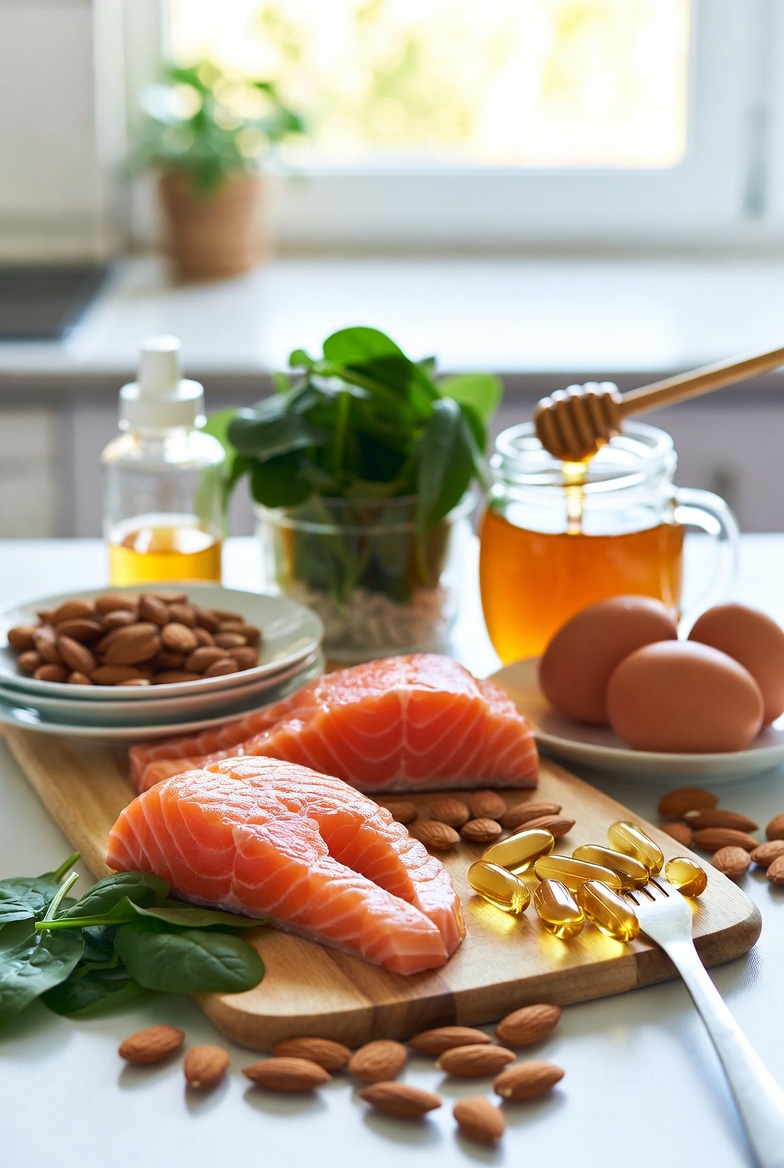 Healthy foods and supplements representing hair nutrition fundamentals