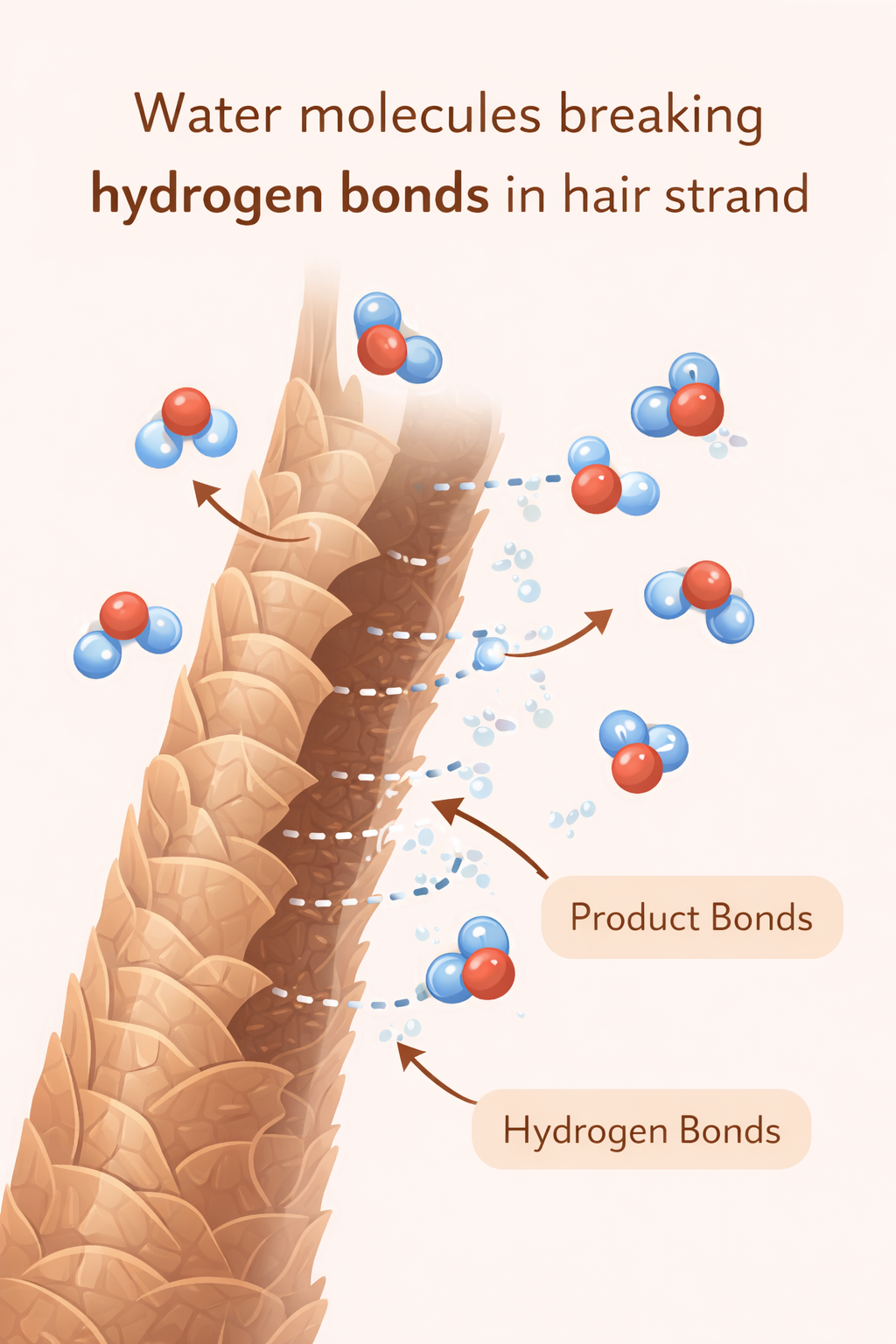 Simple diagram showing water molecules breaking hydrogen bonds in hair strand
