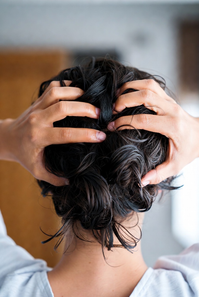 Close-up of fingertips performing a scalp massage