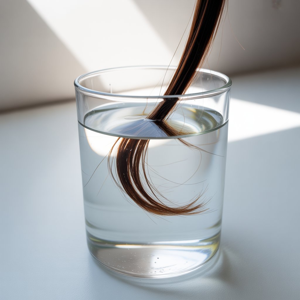 Hair strand floating in a glass of water for porosity test