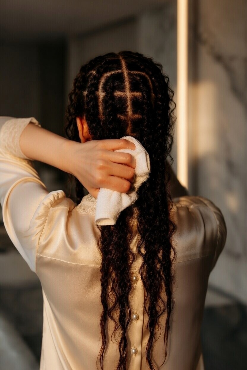 Someone gently squeezing water from braids with a towel