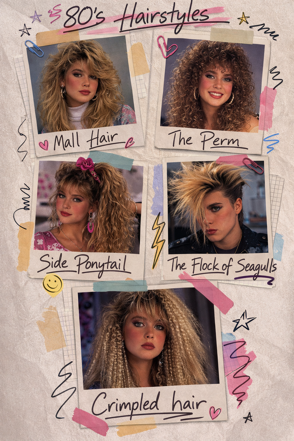 Collage of 1980s hairstyles: mall hair, perms, mullets, side ponytails