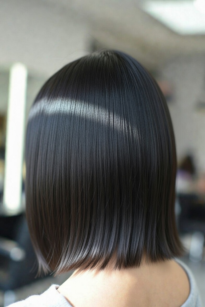 French Bob for straight hair - Chin-length, blunt, with curtain bangs. Timeless chic.