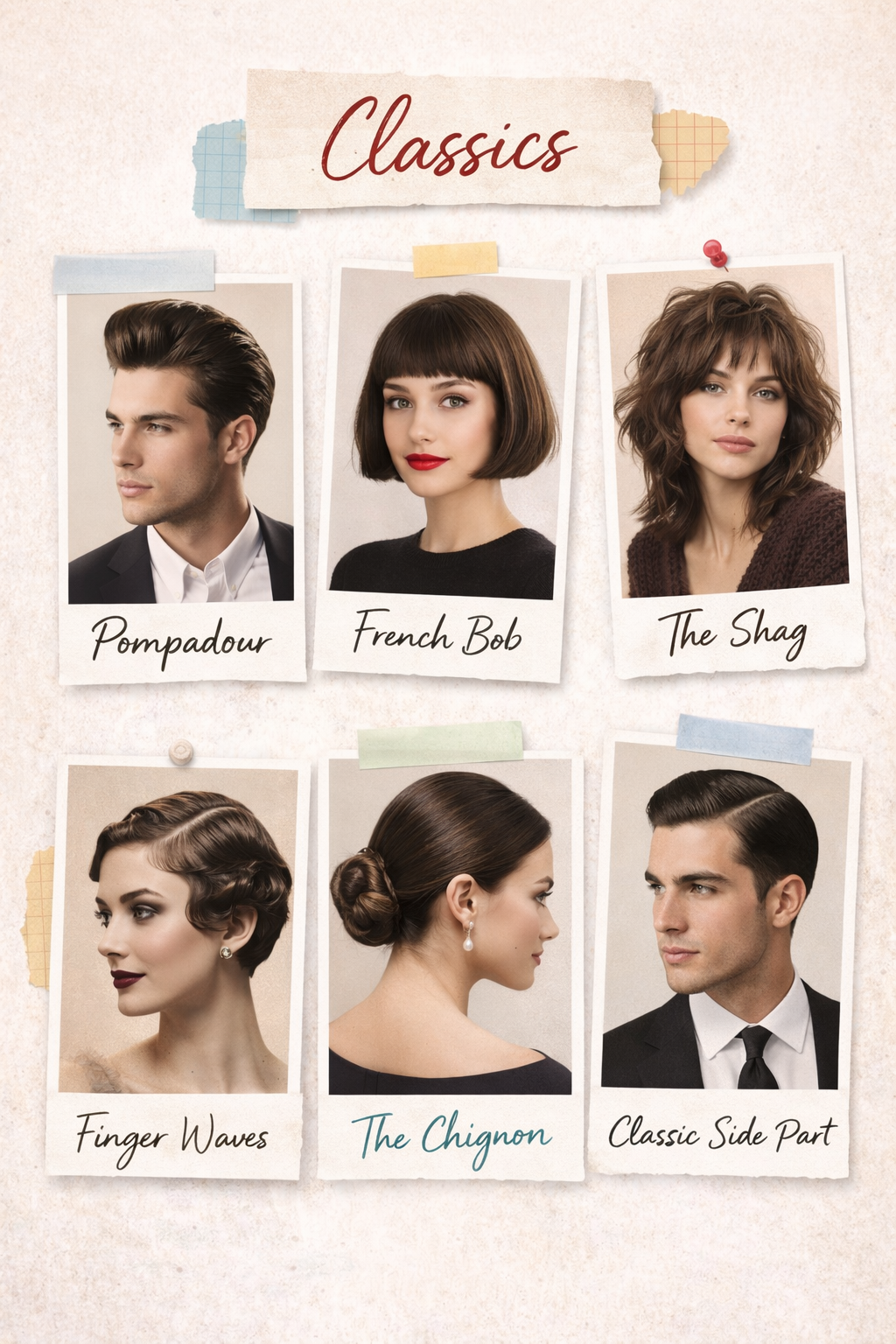 Collage of classic hairstyles: French bob, pompadour, shag, finger waves, chignon, side part