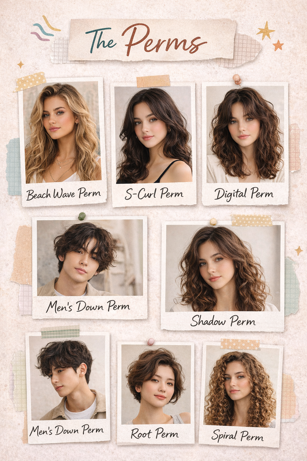 Collage of modern perm hairstyles: beach waves, S-curls, digital perms
